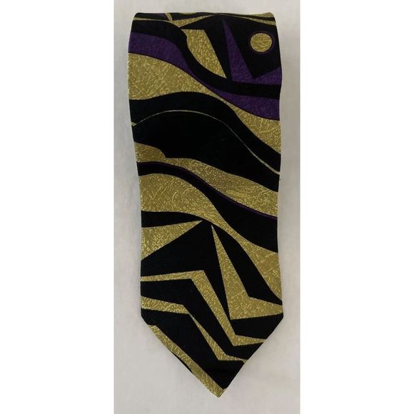 Versace V2 Abstract Black Gold Purple Gray Necktie Tie 90’s 100% Silk $140+ - Picture 9 of 10